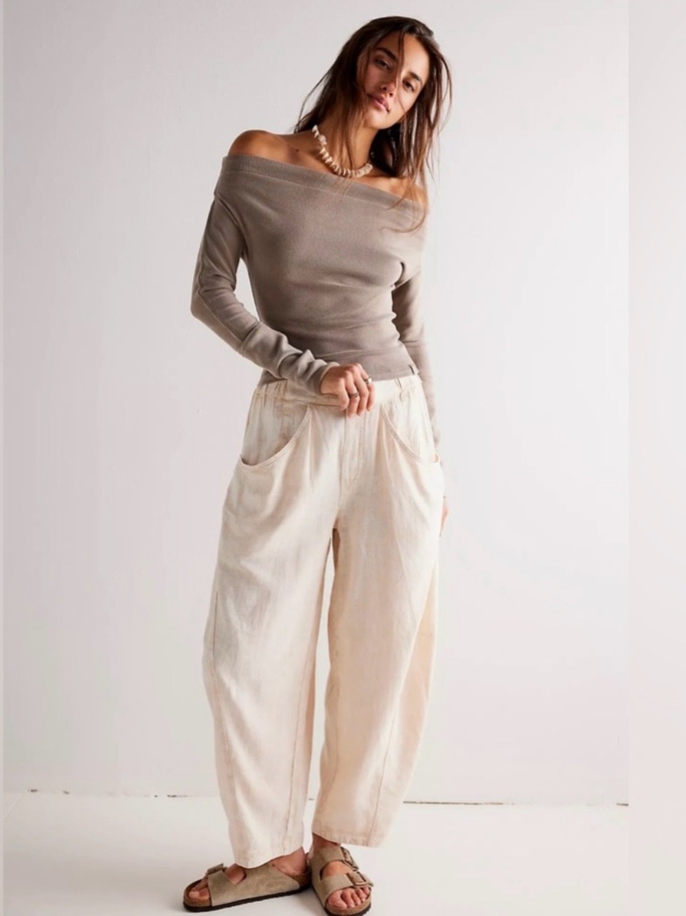 🆕 NWT Free People High Road Barrel Pants Linen Boho Wide-Leg Pockets Tan Large